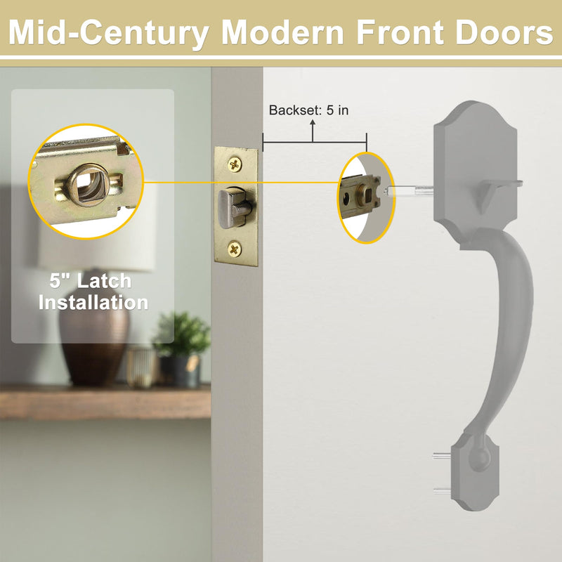 MaxxGeek 5-Inch Backset Entry Door Latch Fit Standard Knobset, 90° Square Interface with Square Corner Faceplate, Requires a 2-1/8" Cross Bore & 1" Edge Bore, Non-Handed, Polished Brass 5" Entry Latch