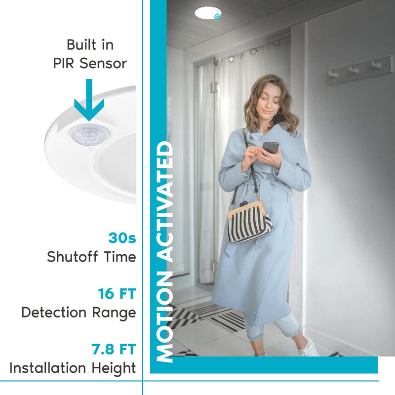 LUXRITE 4 Inch LED Motion Sensor Ceiling Light, 120V, 3 Color Selectable 3000K-5000K, 30s Timeout, 10W, 600 Lumens, Wet Rated, Automatic Flush Mount Light Fixture - Closet, Entryway, Hallway