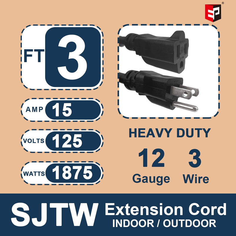 [Australia - AusPower] - EP 3 Ft Extension Cord - 12/3 SJTW Heavy Duty Black Extension Cable with 3 Prong Grounded Plug - Power Cord for Lawn, Garden, Appliances 3ft 