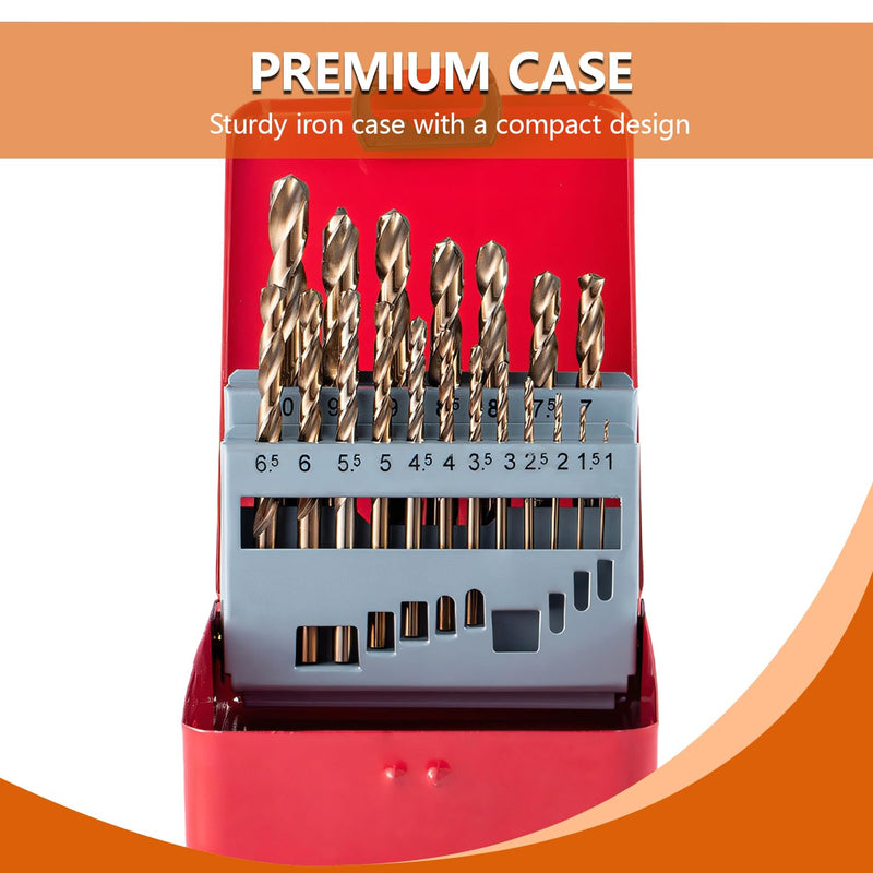 M35 Cobalt Steel Drill Bit Set, 19-Piece Metric (1mm-10mm), HSS-CO Jobber Bits with 135° Split Point & Metal Case, Professional Kit for Hardened Metal, Stainless Steel, Cast Iron 19pcs(Metal Case)