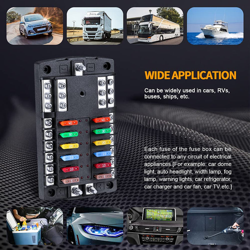 [Australia - AusPower] - Upgraded 300A 12 Way Blade Fuse Block Fuse Box with 2 Positive Power Inputs Negative Bus, ELECTOP 12 Circuit Fuse Holder ATC/ATO Fuse Block Panel with LED Indicator for 12V/24V Car Truck Boat Marine Upgraded 12 Way Fuse Block 
