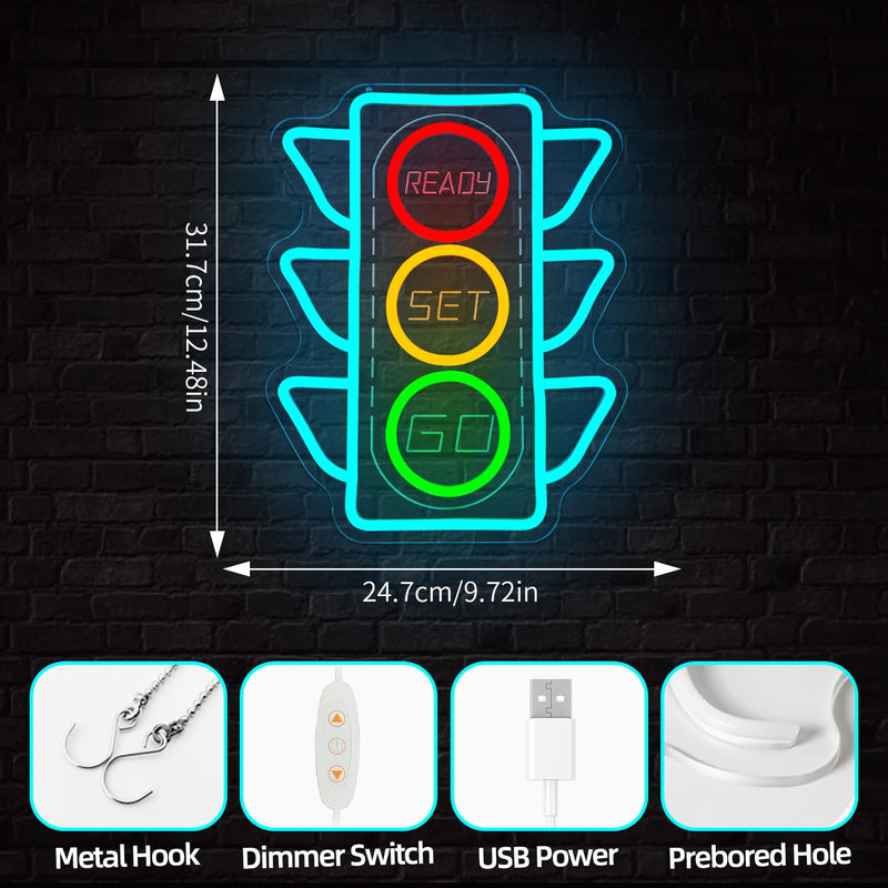 Traffic Light Neon Sign Dimmable Stop Light Neon Wall Decor Race Car Party Decorations Red Yellow Green Stoplight Led Racing Wall Art for Garage 12.5 * 9.7 Inch TrafficSignals