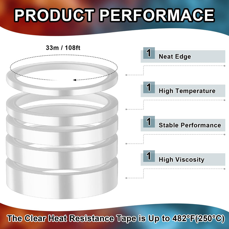 Cholemy 5 Rolls 2/3/ 6/12/ 20mm x 33m 108ft Clear Heat Tape Multi Sized Heat Transfer Tape Transparent High Temperature Resistant for Press and Sublimation, No Residue
