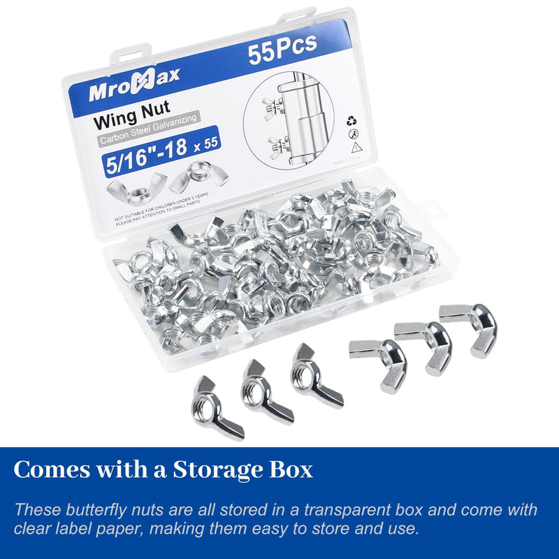 [Australia - AusPower] - MroMax 55Pcs 5/16"-18 Wing Nuts Carbon Steel Butterfly Nuts Zinc Plated Fasteners Parts Hand Twist Tighten Ear Wingnuts 5/16-18 Inches Hardware Nuts 5/16-18 55Pcs 