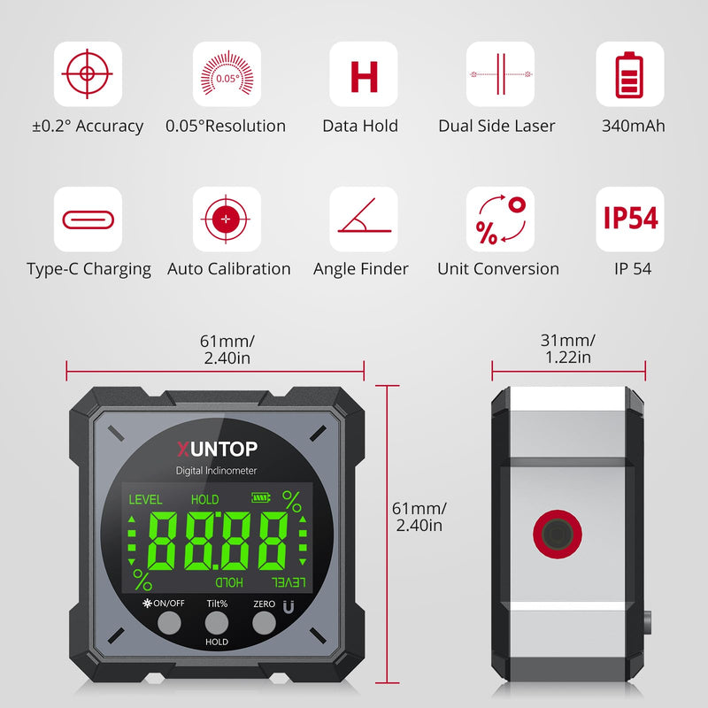 [Australia - AusPower] - USB Charging Digital Level Box Angle Finder with Laser (Level 2), 4-Side Strong Magnetic Angle Gauge IP54 Waterproof Inclinometer Level, Saving time and Effort Hanging Decorations-Gray Gray 