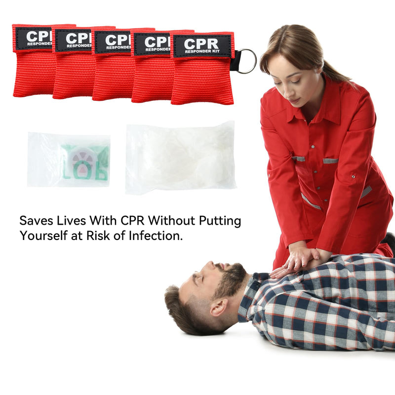 [Australia - AusPower] - AOUTACC 5PCS CPR Mask and PVC Disposable Gloves for Pocket or Key Chain, CPR Emergency Face Shield with One-way Valve Breathing Barrier for First Aid or AED Training Bright Red-5 