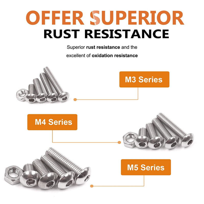 500Pcs M3 M4 M5 Stainless Steel Button Head Hex Socket Head Cap Bolts Screws Nut Assortment Kit