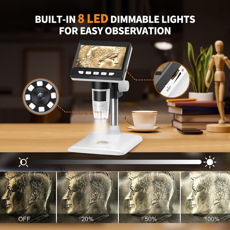 [Australia - AusPower] - Misilmp USB Microscopes, 4.3 Inch Digital LCD Handheld Microscopes 1000X 1080P Microscope for Children/Adults Magnifying Glass Digital Microscope with 8 LED Lights, PC View, Compatible with MacOS 
