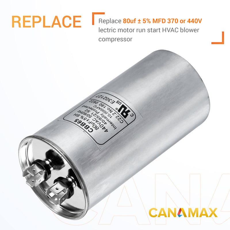 80 uF ± 5% 80 MFD 370-440 VAC (3~80 uF Options Available) CBB65 Run Start Capacitor 50/60 Hz AC Electric - Compatible with Single Phase Motor Capacitors Condenser Straight Cool or Air Conditioner 80uf