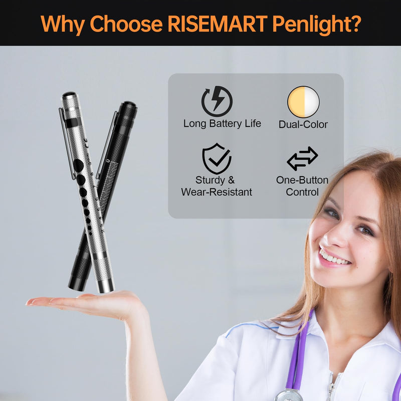[Australia - AusPower] - RISEMART 2 Pack Pen Light for Nurse, Medical Penlight with One-Button Switch for White & Warm Light, Pupil Gauge & 5cm Ruler, Pocket Clip, Durable LED Penlights for Nursing, Doctors, Students 