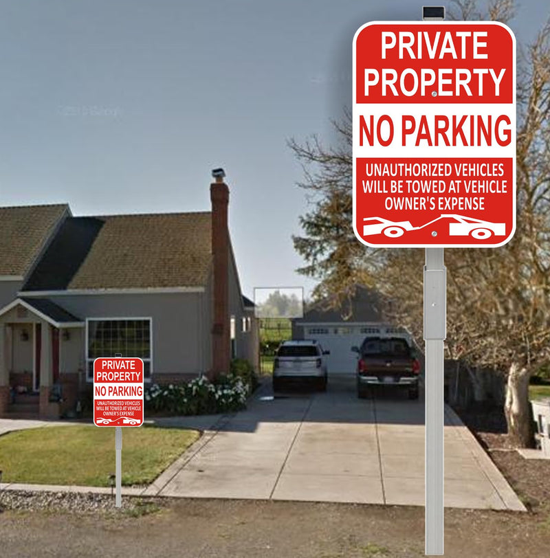 (2 Pack) Large Private Property No Parking Sign with Stake 36" Tall | 14" x 10" Vehicle Towed At Owner's Expense Sign, Reflective Rust Free Aluminum, UV Protected, Fade Resistance, Easy to install 2Pack 36x10 with Stake