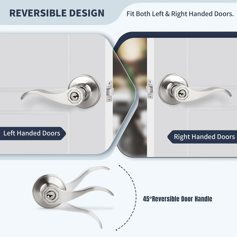 Wave Style Door Lever Keyed Entry Door Handle with Lock, Entrance Lever Reversible for Left/Right Handed for Office or Front Door with Satin Nickel Finish, 1 Pack Keyed Entry (With Lock & keys)