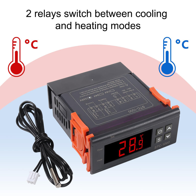 [Australia - AusPower] - STC-1000 Digital Temperature Controller AC 10A 110V-220V Digital LED Temperature Controller Heating Cooling Centigrade Thermostat 2 Relays Output with NTC Sensor Probe 1pcs 