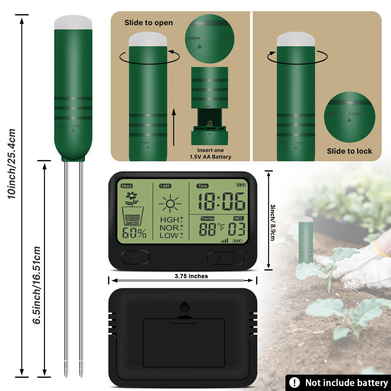 4-in-1 Wireless Soil Moisture Meter/Thermometer/Sunlight/Time,PH Paper, Waterproof Plant Moisture Sensor Meter with Digital LCD Display for Garden, Lawn and Indoor Plants 4-in-1 Display+1 Sensor