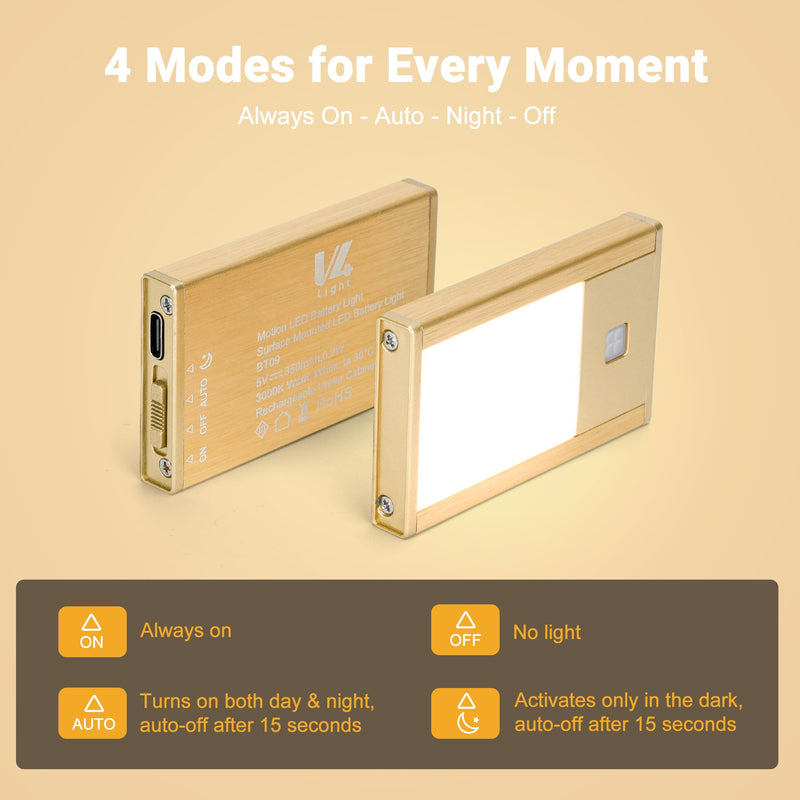 V4light Rechargeable Motion Sensor Night Lights, Ultra-Thin LED Stair Lighting for Safe Night Walking, Brushed Gold Aluminum Alloy, Magnetic Mount, 3000K Warm White Light, Ideal for Hallways & Stairs 4Pack