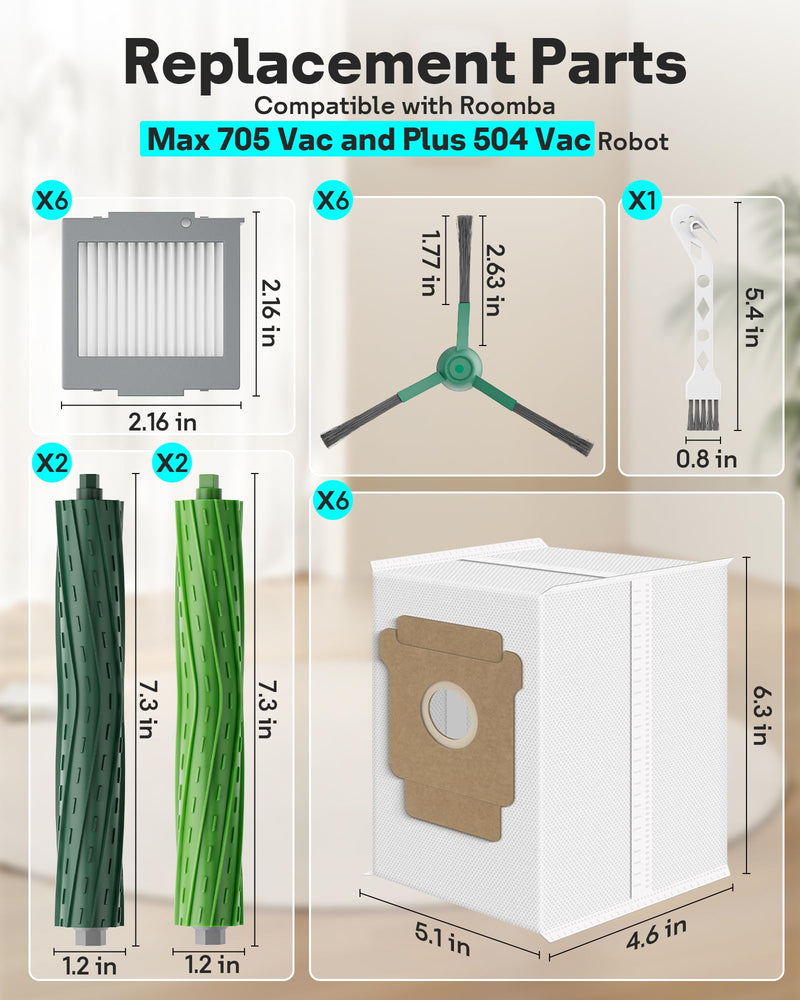 [Australia - AusPower] - Leemone 23 Pcs Replacement Parts for iRobot Roomba Max 705 Vac & Plus 504 Vac Robot Vacuum, 705 Accessories Kit with 4 Main Roller Brushes, 6 Dust Bags, 6 Filters, 6 Side Brushes, 1 Cleaning Brush irobot 705 504 Vac Parts 