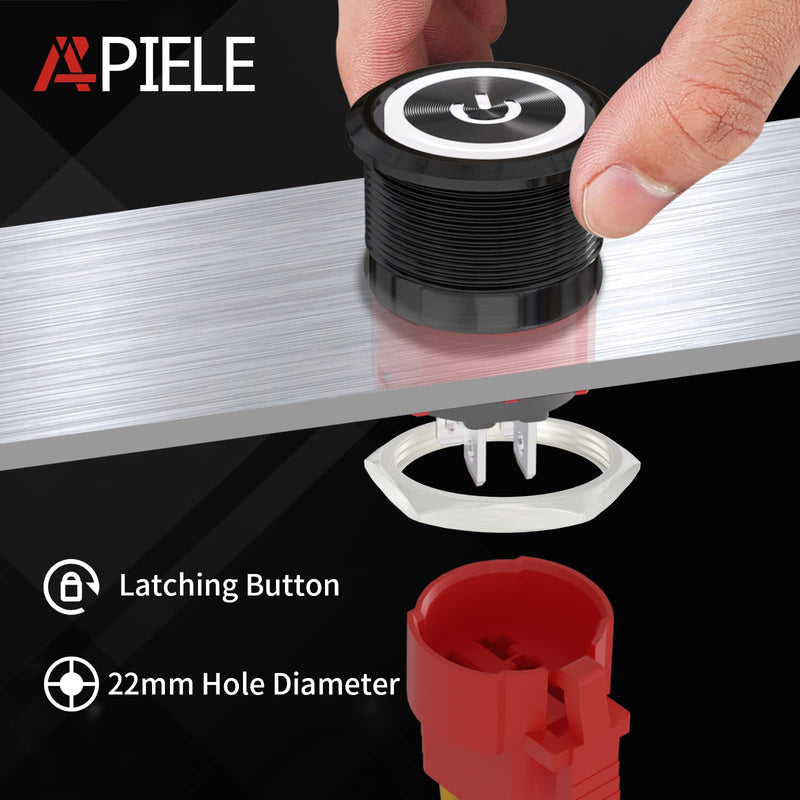 [Australia - AusPower] - APIELE 22mm Latching Push Button Switch 12V 10A Power Symbol Ring Led Car Metal with Socket Plug 1NO1NC DPST ON/Off 0.87" 1 Pack (Black Shell, White) Black Shell-White 