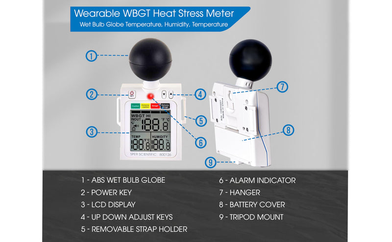 [Australia - AusPower] - WBGT Meter, Heat Stress Monitor for Indoor/Outdoor, Handheld Temperature and Humidity Monitor with RH Meter Digital Level Dangerous Indicator Display - Sper Scientific 800126 