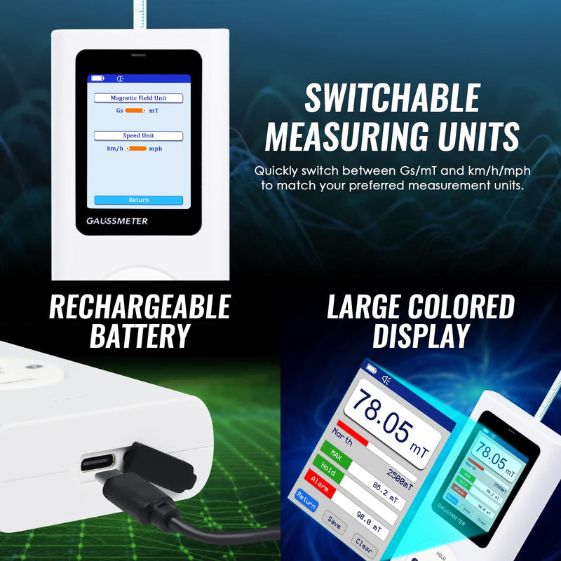 [Australia - AusPower] - Digital Gauss Meter Tesla Meter, Professional Magnetic Field Tester with 0-25000 Gs (0-2500 mT) Range, HD Color Display Rechargeable N/S Pole Detection Data Storage for Magnets Motors & Industrial Use 