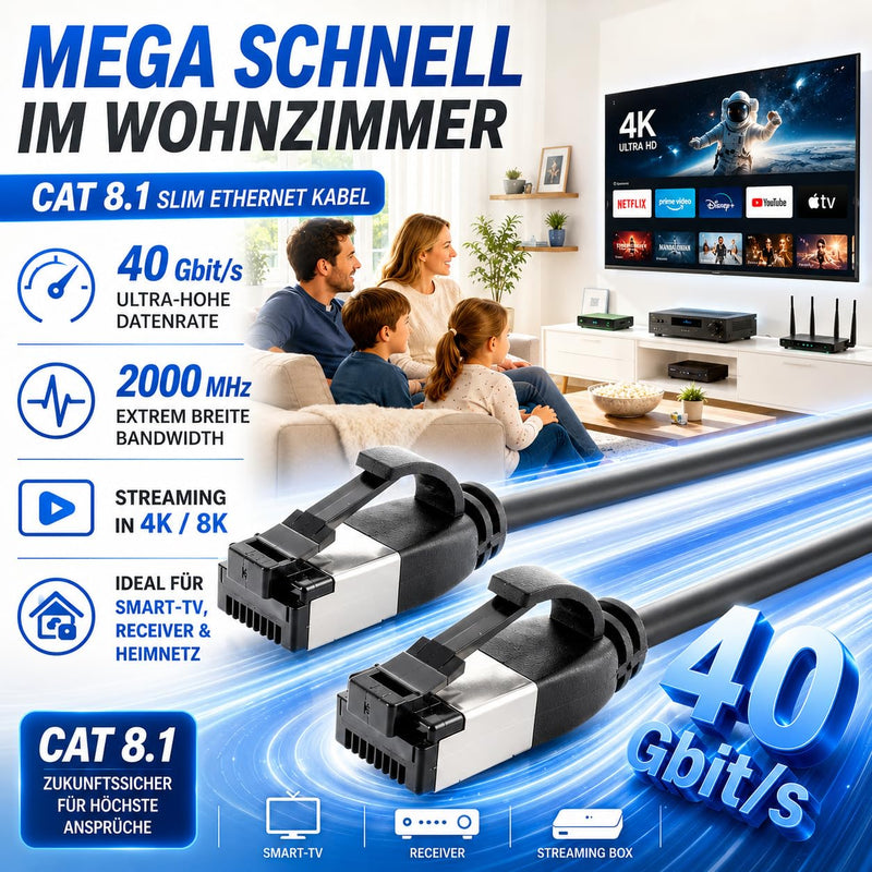 1aTTack.de 5 m Cat 8.1 LAN Cable Network Cable (Pack of 1) Cat 8 Ethernet Cable with RJ45 Connector Slim and Thin with 40 Gbps Transfer Rate Black 5.0 m 1 piece black 1