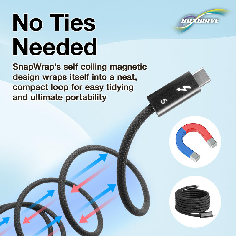 BoxWave Cable Compatible with Bumpboxx Retro Pager - SnapWrap Thunderbolt 5.0 Cable (5ft 240W), Magnetic Self-Coiling Nylon Braided Retractable - Jet Black