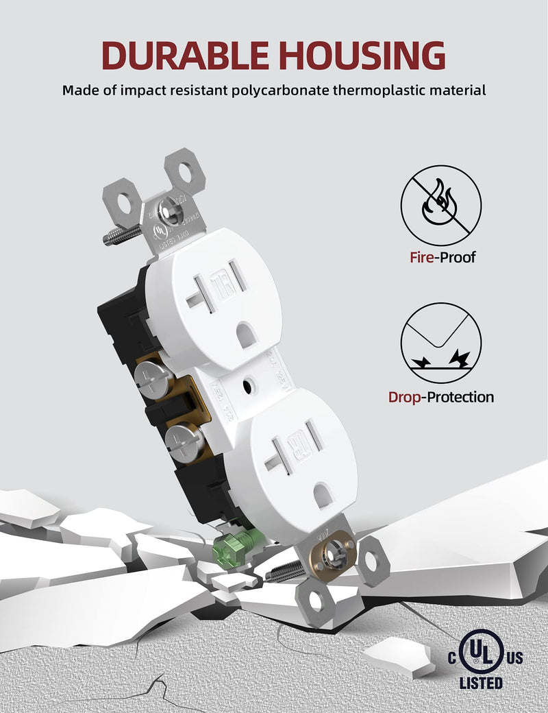 [Australia - AusPower] - AIDA Duplex Electrical Receptacle Outlets, 20Amp 125V Wall Outlet, Residential, TR, 3-Wire, Self-Grounding, UL Listed, Push & Side Wire, White (10 Pack) 10 Pack 