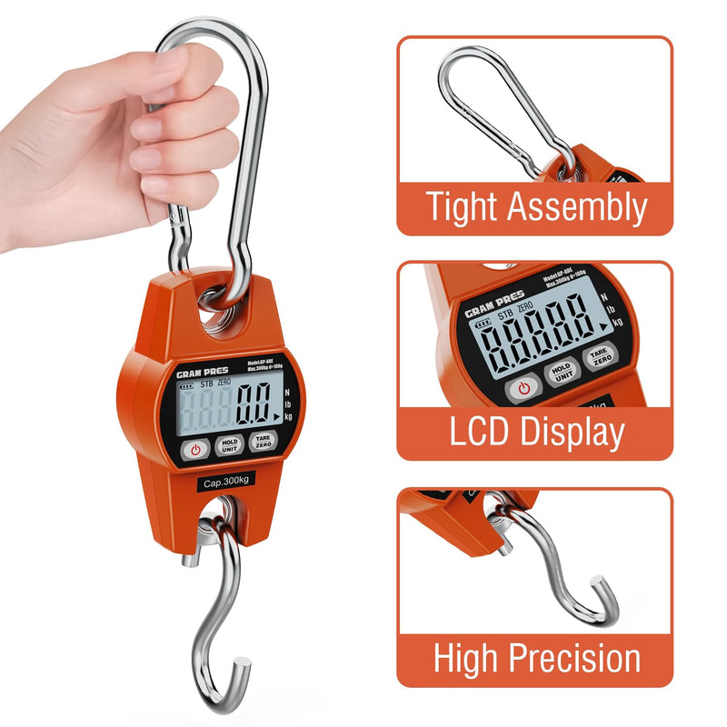 GRAM PRES Digital Hanging Scale, Mini Crane Scale 660LB/300KG,Deer Hunting Scales,Digital Scale with Hooks for Farm Fishing, Fish,Luggage，Outdoor.