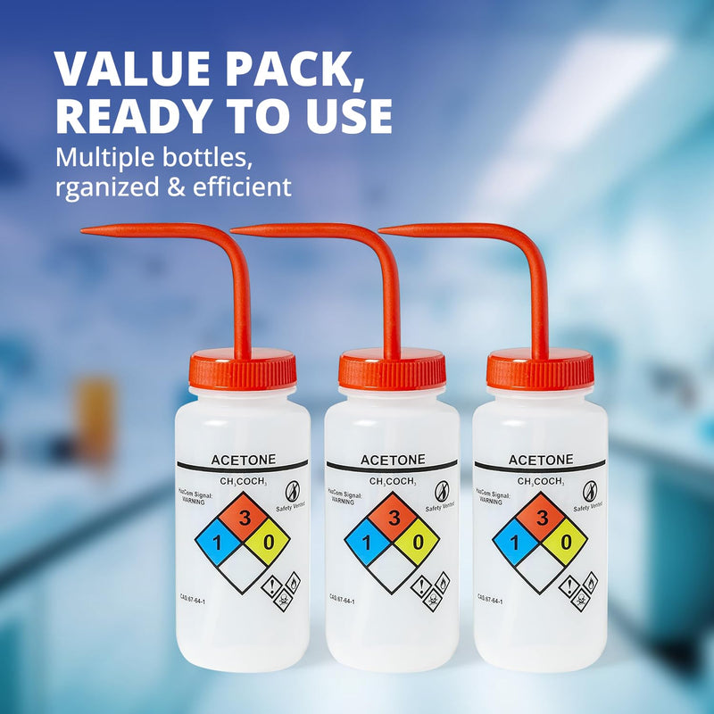 United Scientific™ UniSafe™ Acetone Squeeze Bottle, Wide Mouth Wash Bottles 500mL (16oz), Pack of 6 – Pre-Labeled LDPE Chemical Wash Bottle w/Red Color-Coded Cap, Self-Venting Leak-Proof Lab Bottles