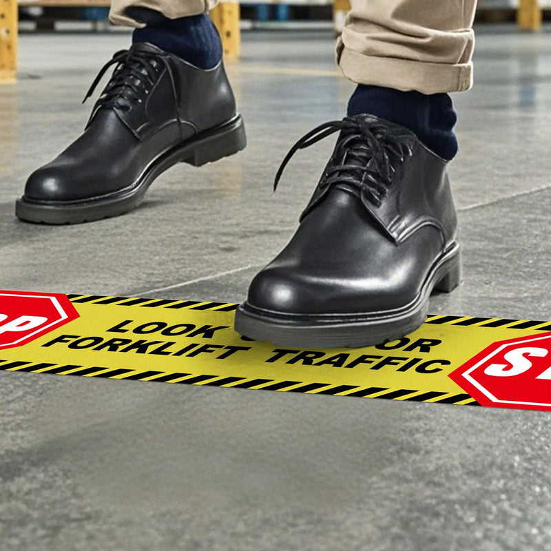 5 Pack Stop Look Out for Forklift Traffic Floor Sticker 24 × 6 Inches Caution Warning Safety Sign Self Adhesive Vinyl Waterproof Anti-Slip Signage for Construction Site Warehouse Workplace 5 Pack