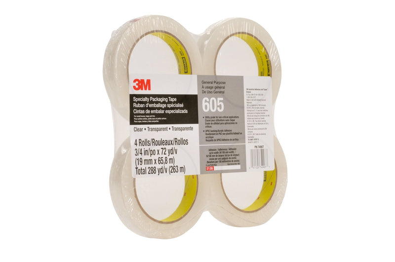 3M Scotch Light Duty Packaging Tape 605 Clear Cold Temperature, 3/4 in x 72 yd, Conveniently Packaged