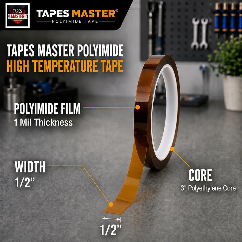 Tapes Master - 1/2" x 36 Yds 1 Mil Polyimide High Temperature Heat Resistant Heat Transfer Thermal Electrical Insulation Tape 1 Roll - 1/2