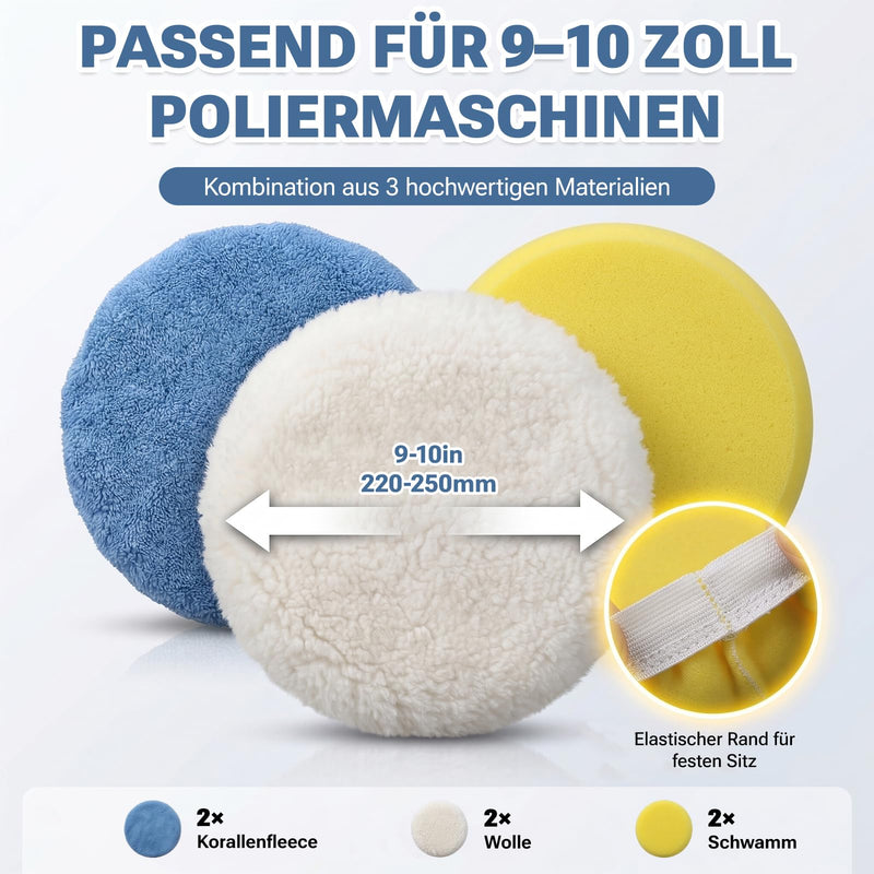 6 Piece Polishing Hood Set, 220 mm - 250 mm Lambswool Polishing Hoods, Soft Microfibre Polishing Hood, Angle Grinder Polishing Hood for Car, Car Headlights, Cork Floors etc | Weiche Mikrofaser Polierhaube 3 Materialien × 2 Stück, Winkelschleifer Polier...