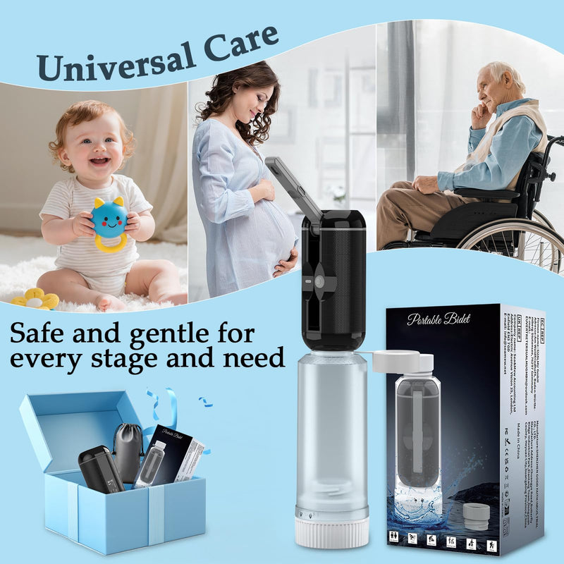 Portable Bidet for Travel, Rechargeable Travel Bidet Sprayer Fits Various Sizes of Water Bottles, Waterproof High Pressure Handheld Bidet for Women Men Personal Hygiene, Black