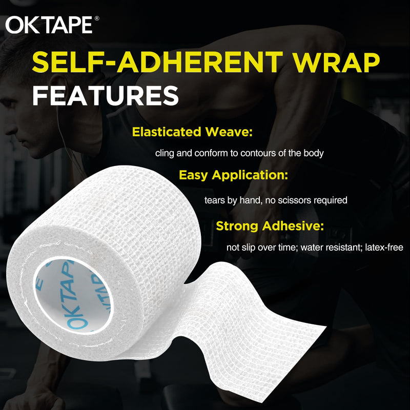 [Australia - AusPower] - OK TAPE 12 Rolls Self Adhesive Bandage Wrap, Elastic Athletic Tape, Self Stick Bandage Tape, Vet Wrap, Medical Wrap for Wrist, Feet, 2" x 5 Yards - White 2 Inch 