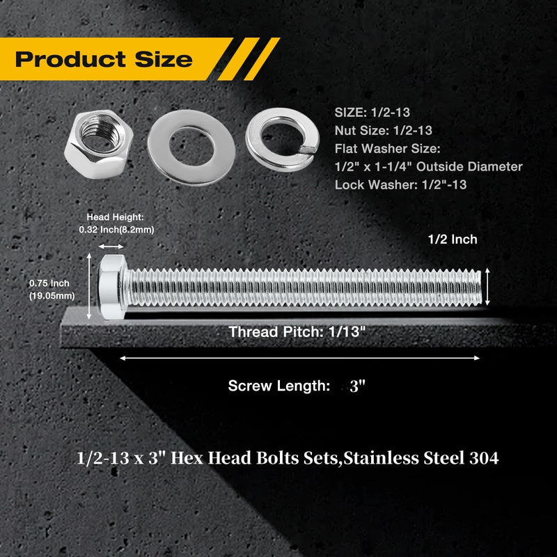 [Australia - AusPower] - (5Set)1/2-13 x 3" Complete set Hex Head Screw Bolts,Nuts,Fender Flat washers,Split Lock Washers,Fully Threaded, Stainless Steel 18-8?304?, Bright Finish. (5Set)1/2-13 x 3" 