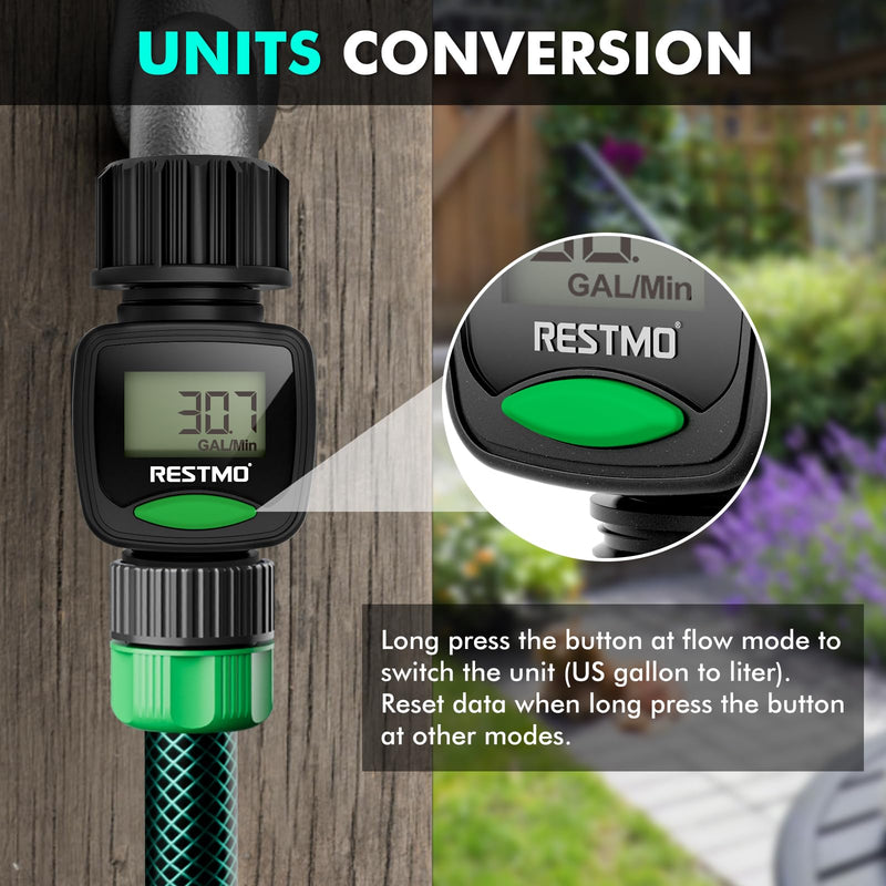 [2 Pack] RESTMO Water Flow Meter, High Measure Accuracy, Measure Gallon/Liter Consumption and Flow Rate for Outdoor Garden Hose Watering, RV Water Tank Filling, Lawn Sprinkler and Nozzle Sprayer 2 Pack