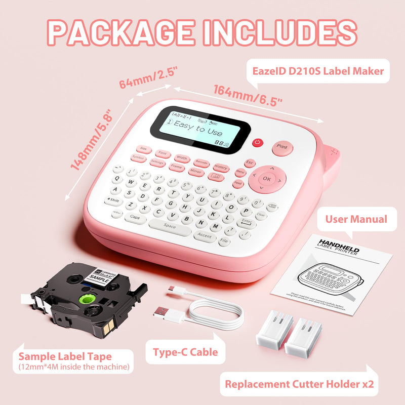 Pink Label Maker Machine with-Tape Waterproof, Portable Kids Label Maker, Keyboard Labeler Handheld, D210S Easy Labeler Machine with Multiple Fonts Frame Barcode for Home Office School Supplies Pink Label Maker label maker with 1 tape