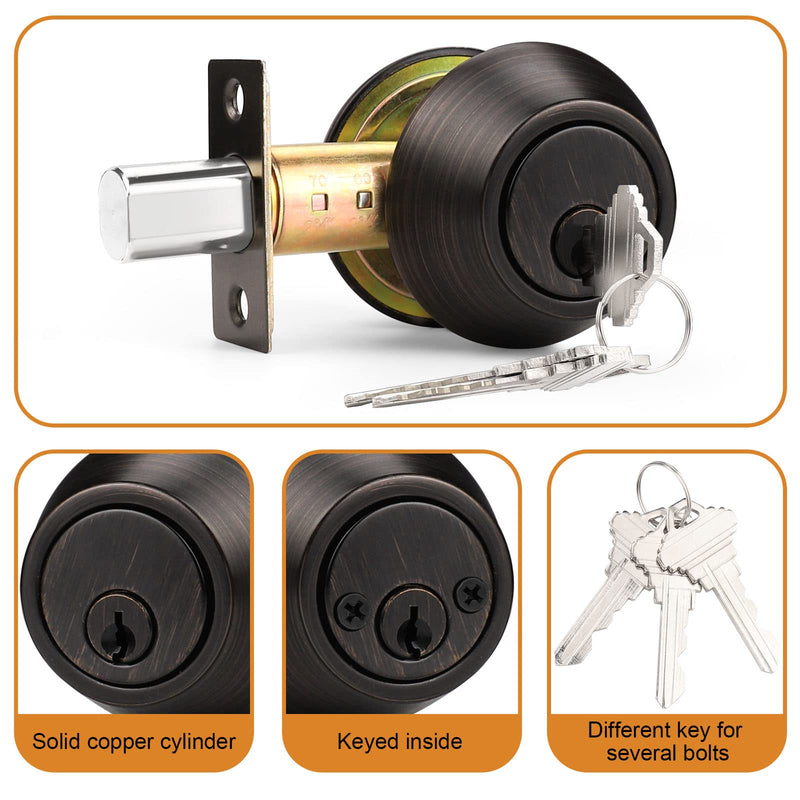 Probrico Oil Rubbed Bronze Round Double Cylinder Deadbolt Lock, Keyed Both Side Door Lock, Keyed Alike Combo 2 Pack