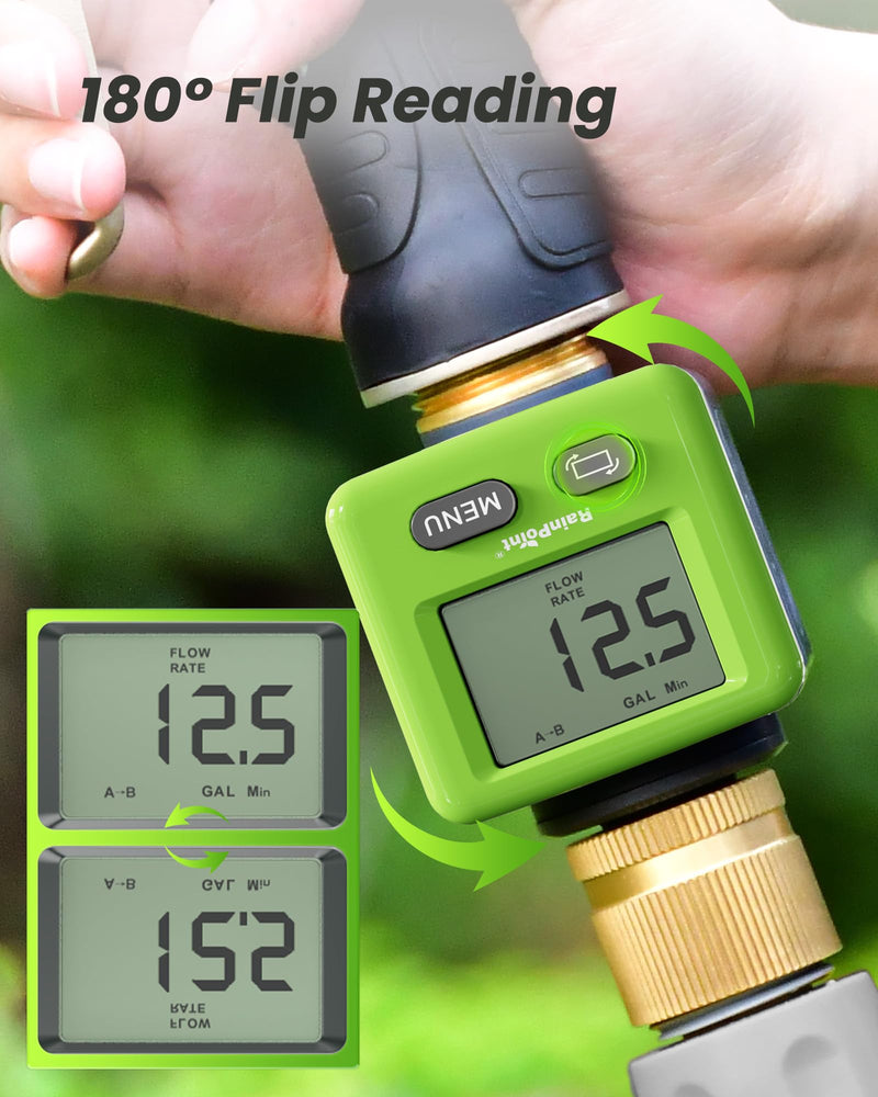 [Australia - AusPower] - RAINPOINT Water Flow Meter, ±5% Accuracy, Pure Brass Inlet & Outlet Water Meter, 180° Screen-Flip, 4 Measure Modes for Outdoor Garden Hose, Lawn Sprinkler Watering, RV Water Tank Filling, Green 