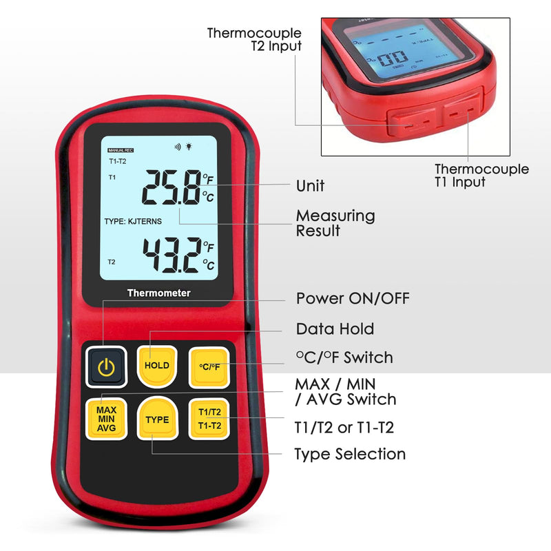 [Australia - AusPower] - Digital K Type Thermocouple Thermometer, Dual Channel Thermocouple Tester(-238~3212℉) with 2 Temperature Clamp and 2 Wired Thermocouple Probes Red 
