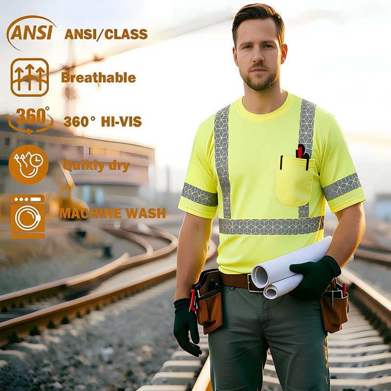 Hi Vis Reflective Safety Shirts for Men, High Vis Shirts Class 3 Short Sleeve (Yellow L) B-yellow Large