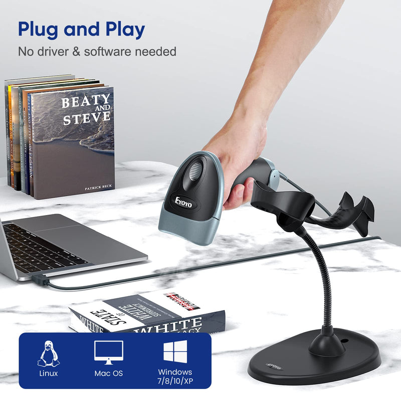[Australia - AusPower] - Eyoyo Handheld 2D Barcode Scanner with Gooseneck Stand, Automatic USB Wired QR Code Scanner Bar Code Reader Support Screen Scanning for PC POS System Library Store Supermarket Check-Out, Inventory 