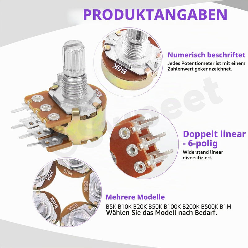 Swpeet 32pcs 8 Type B1K 5K 10K 50K 100K 250K 500K 1M Ohm 6 Pins Split Shaft Rotary Linear Dual Cone Audio B Type Potentiometer with 3 Types Aluminum Alloy Knob (WH148) and Washers