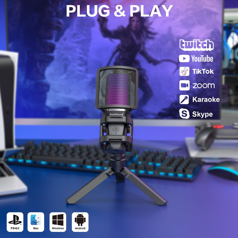 [Australia - AusPower] - ZealSound Gaming USB Microphone for PC,RGB Condenser Computer Mic with Tripod Stand,Quick Mute,Gain Control for Gaming,Streaming,Podcasting,Recording,ASMR,Cardioid Mic Kit for Laptop/PS4/PS5/Phone RGB 