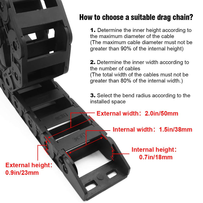 [Australia - AusPower] - R38 18mm x 38mm(Inner H x Inner W) Black Plastic Cable Wire Carrier Drag Chain 1M Length for CNC, with End Connectors - Bridge Type (Inner Side openable) 18*38 