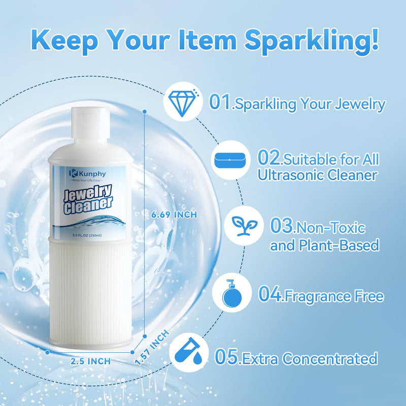 [Australia - AusPower] - 2024 Kunphy Ultrasonic Jewelry Cleaner, Professional Ultrasonic Cleaner Solutions for Use in All Ultrasonic Cleaner Machines, Jewelry Cleaner Solution for Diamond, Gold, Silver, Gemstones, 250ml Blue 