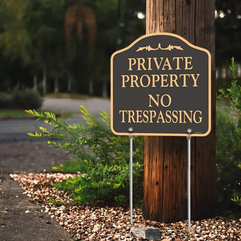 Large (2 Pack) No Trespassing Signs Private Property, Metal, Aluminum, Includes Metal Yard Stakes for Easy Installation, 12x12 Inches