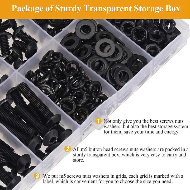 [Australia - AusPower] - 245 Pieces M5 Screws Nuts Washers Set Black, Sutemribor M5 x 6/8/10/12/16/20/25mm Button Head Socket Cap Screws Nuts Washers Assortment Kit, 10.9 Grade Alloy Steel, Fully Threaded 