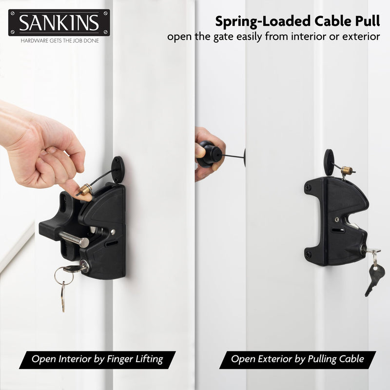 Key Lockable Fence Gate Latch, 2 Sided Gate Lock Latch for Outdoor Fence, Keyed Fence Lock Latch with Spring Loaded Pull Cable, Fence Latch Gate Hardware for Wood, Vinyl, Metal Gates, Black