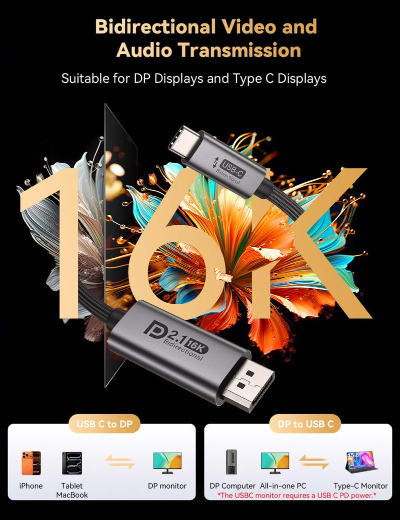 Bidirectional USB C to DisplayPort 2.1 Cable, 16K DisplayPort to USB C Cord 6.6ft, 16K@60Hz 8K@240Hz/120Hz Premium Aluminum Plug & Play Compatible with MacBook Pro/Air, Laptop, Graphics Card 6.6 ft